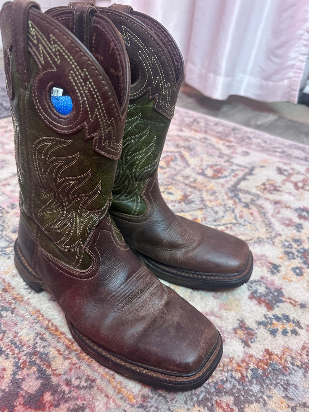 Brown Leather Western Cowboy Boots with Green Shaft